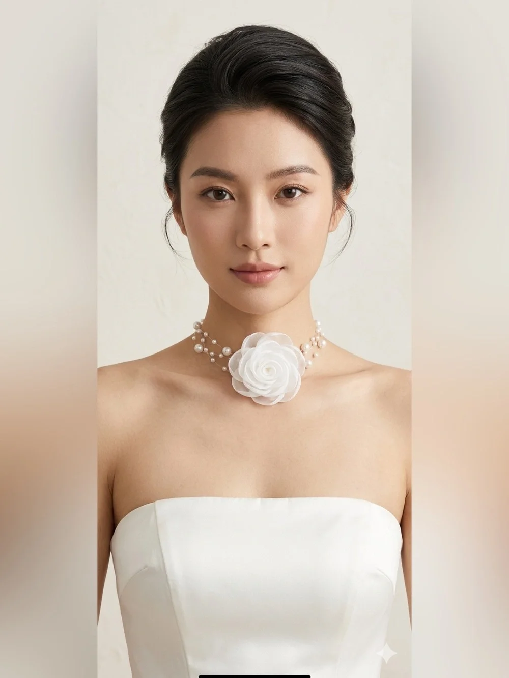 White Pearl Multi-Strand Choker Necklace with Fabric Rose Accent - Picture 2 of 3